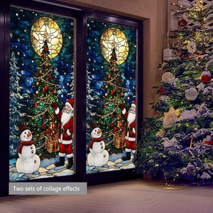 Close-up of stained glass style Santa and Christmas tree window static stickers