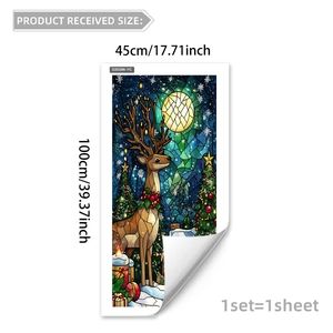 Detailed reindeer and Christmas tree static cling window decal in stained glass art style