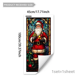 Detail view of Santa Claus window sticker with dimensions and colorful glass art pattern