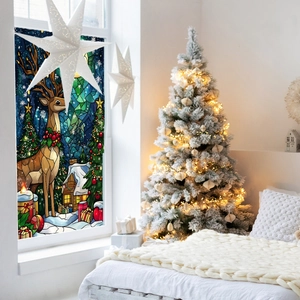 Cozy bedroom setting with reindeer stained glass window sticker and warm Christmas lights