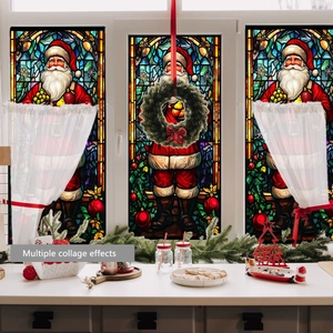 Three-piece stained glass Santa Claus static window stickers for Christmas decor