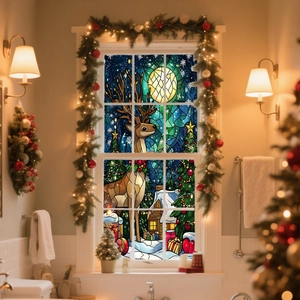 Christmas reindeer and snow cabin window stickers in a stained glass decorative style