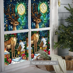 Christmas window stickers with elk and snow cabin in stained glass art style