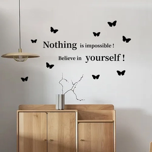 Inspirational Nothing is impossible quote wall sticker with 3D black butterfly silhouettes