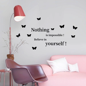 Detail of Nothing is Impossible wall sticker with black butterfly wall decor decals