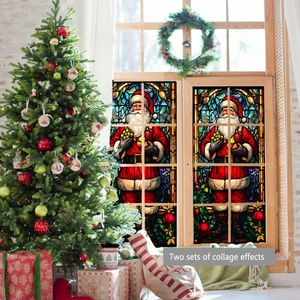 Close-up of Santa Claus stained glass window stickers showing two sets collage effects