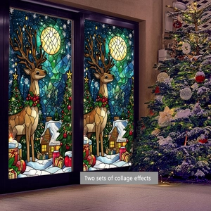 Detail of Christmas reindeer window stickers with stained glass effect on glass door