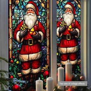 Detailed view of Santa window stickers with artistic stained glass texture on a white frame