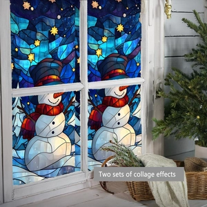 Detailed view of two Christmas snowman collage window films on a white wood frame