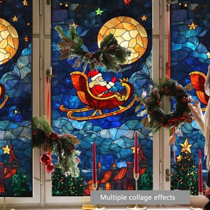 Christmas Santa Claus sleigh stained glass window film with festive star and tree patterns
