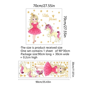 Cartoon little princess with unicorn wall stickers set including gold stars