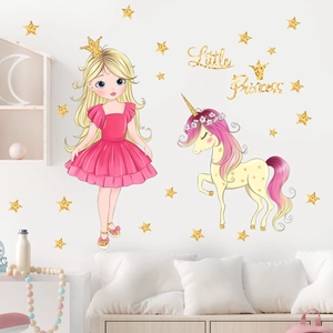 Unicorn and little princess wall decals with gold stars for kids bedroom decor