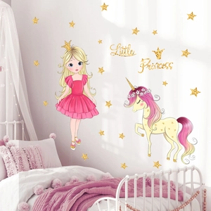 Cartoon girl and unicorn wall stickers set for little princess bedroom decoration