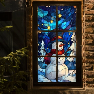 Detailed stained glass style window sticker featuring a snowman in a snowy night scene