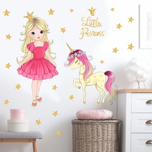 Princess Unicorn Wall Stickers With Gold Stars Pink Cartoon Girl Wall Decals For Kids Girls Room Nursery Home Decor