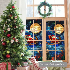 Dual collage effects of Santa sleigh window stickers in a cozy Christmas home setting