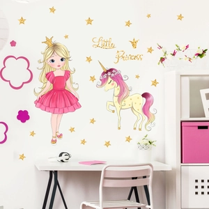 Unicorn and princess wall stickers with stars for nursery and kids' room decoration