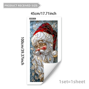 Detail of Santa Claus window sticker with colorful stained glass design and size specs
