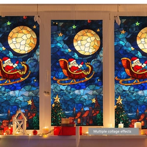 Detail of stained glass Santa sleigh window stickers with glowing moon and stars