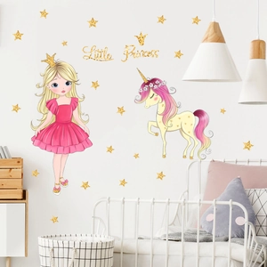 Cartoon girl and unicorn wall decal with stars for kids bedroom decoration