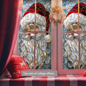 Two sets of stained glass style Santa Claus window stickers with festive collage effects