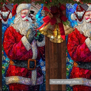 Two sets of mosaic Santa Claus window stickers on a wooden frame with holiday decor