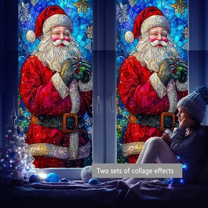 Detailed view of Santa Claus stained glass window stickers with colorful mosaic star patterns