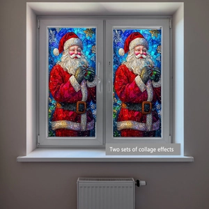Dual-set display of mosaic Santa Claus window stickers with colorful glass light effects