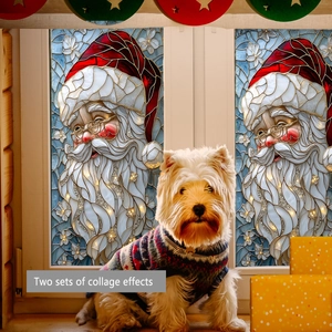 Detail of Santa Claus stained glass window decals showing two sets of festive collage effects
