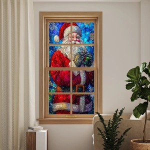 Detailed view of stained glass Santa Claus window decal with vibrant mosaic art design