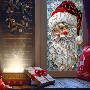 Close-up of stained glass style Santa Claus window sticker with vintage gold frame lines
