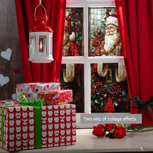Detailed view of Santa Claus window stickers with holly berries and frosted texture design