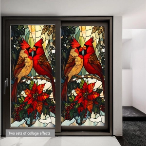 Close-up of two red cardinals on branches collage window film on glass door