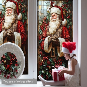 Detail of Santa Claus static window decals in vintage stained glass style effect