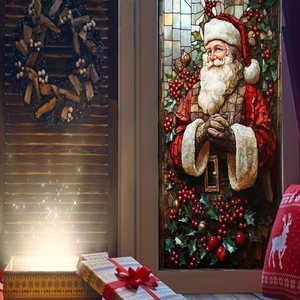 Macro detail of Santa Claus stained glass window sticker with festive holiday decorations