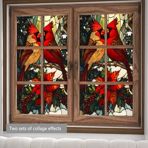Stained glass window film with two cardinal birds on holly branches and berries