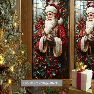 Detail view of colorful Santa Claus window stickers with two sets of collage effects