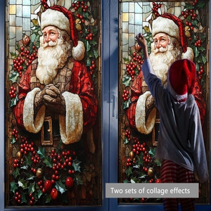 Double-sided Santa Claus window stickers with vintage stained glass style for Christmas