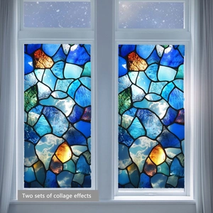 Détail du film pour vitrage mosaïque bleu et orange avec texture électrostatique