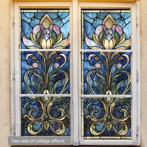 Deux sets de stickers fenêtres lys bleus Art Nouveau avec effet vitrail statique