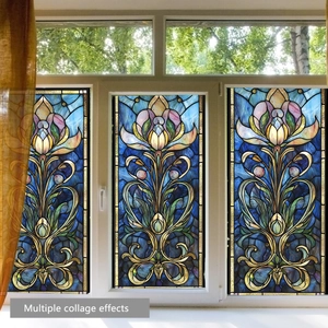 Film de fenêtre style vitrail avec motifs de lys bleus pour décoration intérieure