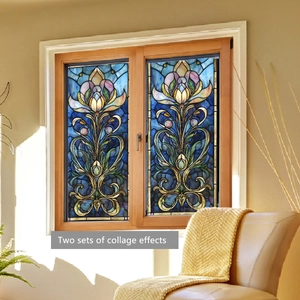 Film décoratif pour fenêtre style vitrail avec motifs de lys bleus et dorés élégants