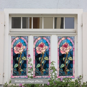 Film de fenêtre décoratif en vitrail rose montrant des effets de collage sur cadre blanc