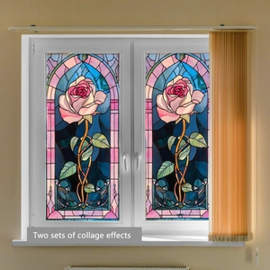Détail macro de stickers pour fenêtres style vitrail avec roses roses et mosaïque bleue