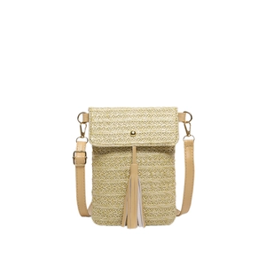 Straw woven crossbody phone bag with long tassel and adjustable leather strap for women