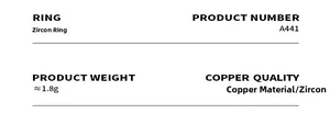 Specifications for model A441 zircon brass ring weighing 1.8g with material details