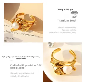 Detail of 18K gold plated titanium ring with irregular texture and pearl in macro view