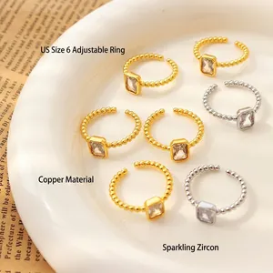 Irregular geometric copper ring with square zircon in gold and silver finish