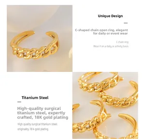 Detailed view of C-shaped chain ring with 18K gold plating on titanium steel band