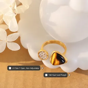 18K Gold Plated open ring featuring a tiger eye stone and white zircon accents
